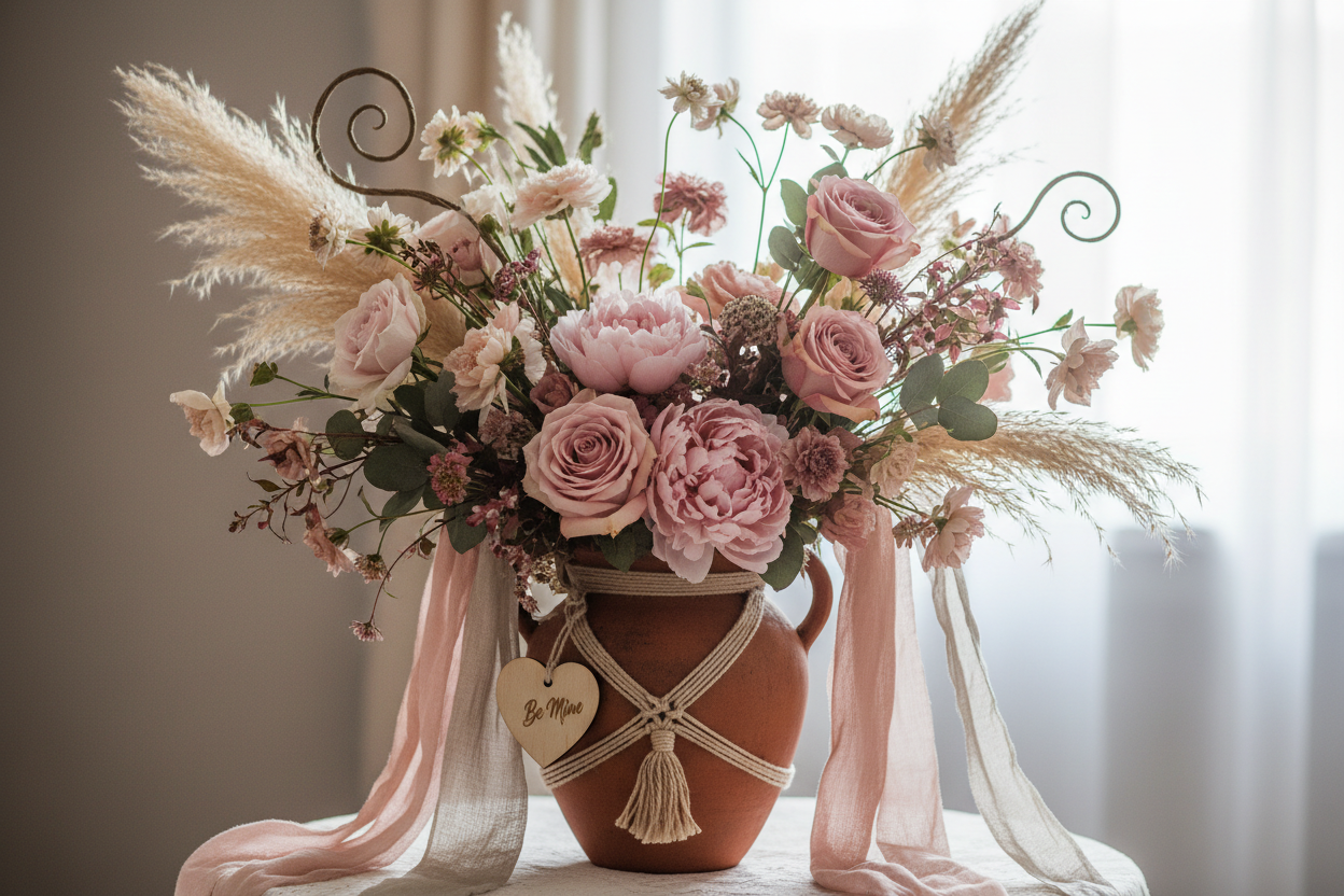 Flowers valentines day, pink boho style