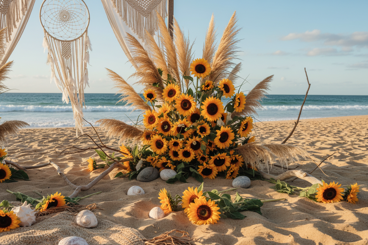 Sunflowers on the gold coast beach boho style